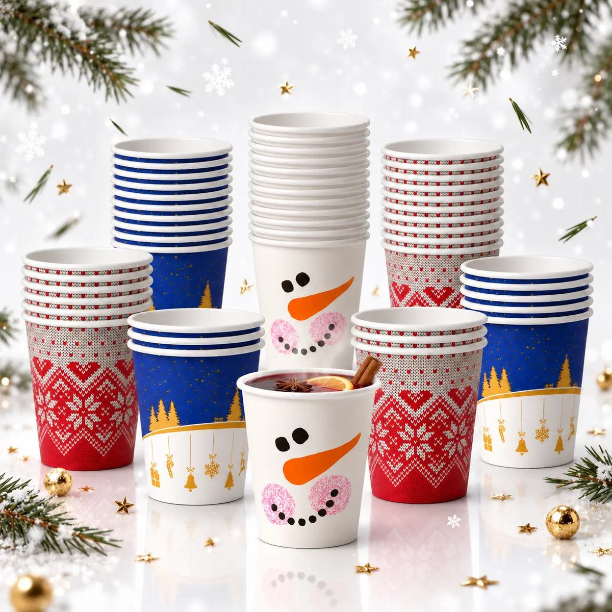 Glühweinbecher aus Pappe in Weiß, Rot und Blau: die Motive Schneemann, Advent und Wintertraum.