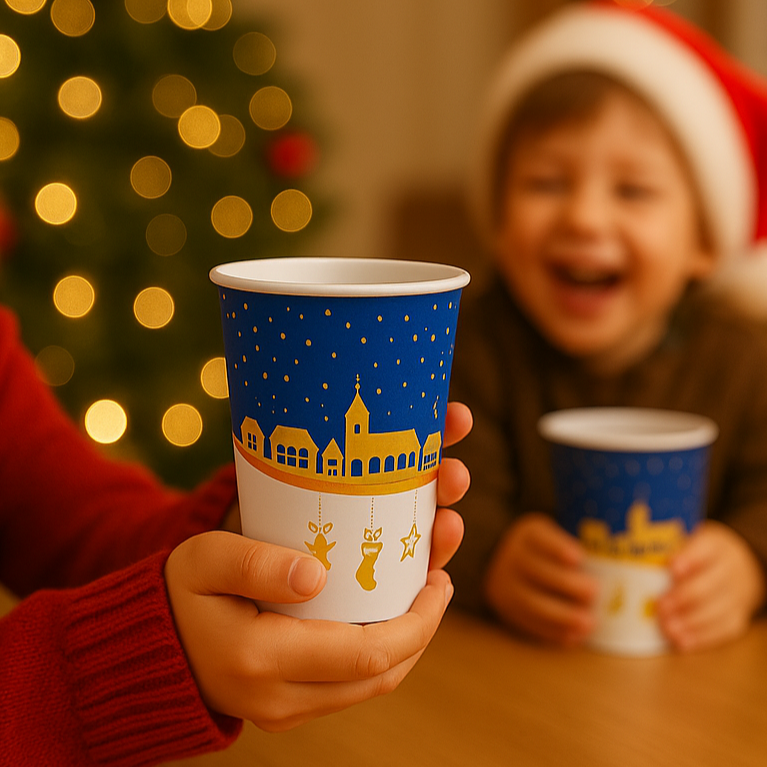 Blau/Weißer Glühweinbecher wird von Kindern in der Hand gehalten. Weihnachtliches Ambiente