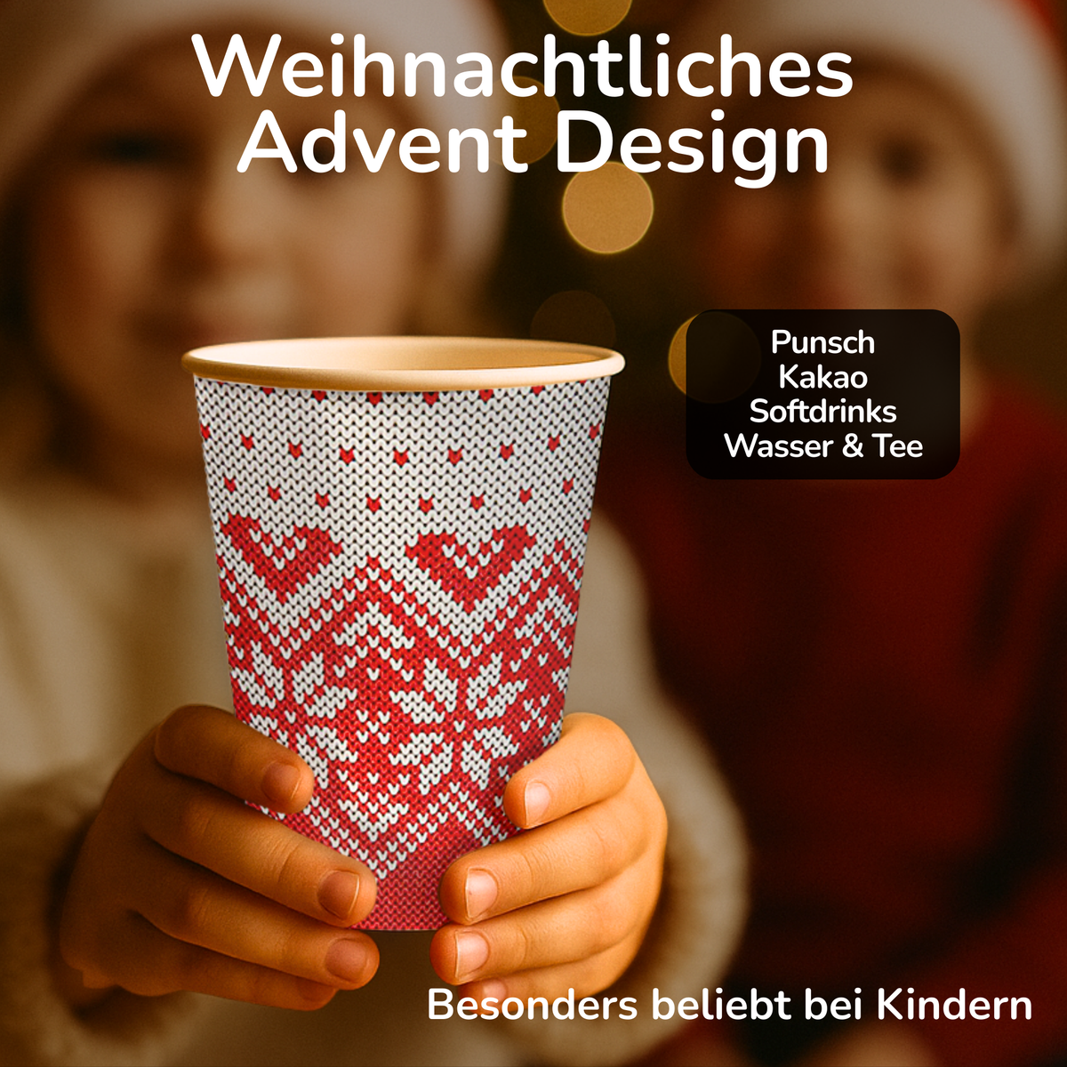 Roter Glühwein to-go Becher wird präsentiert. Besonders beliebt bei Kindern für Punsch, Kakao oder Tee