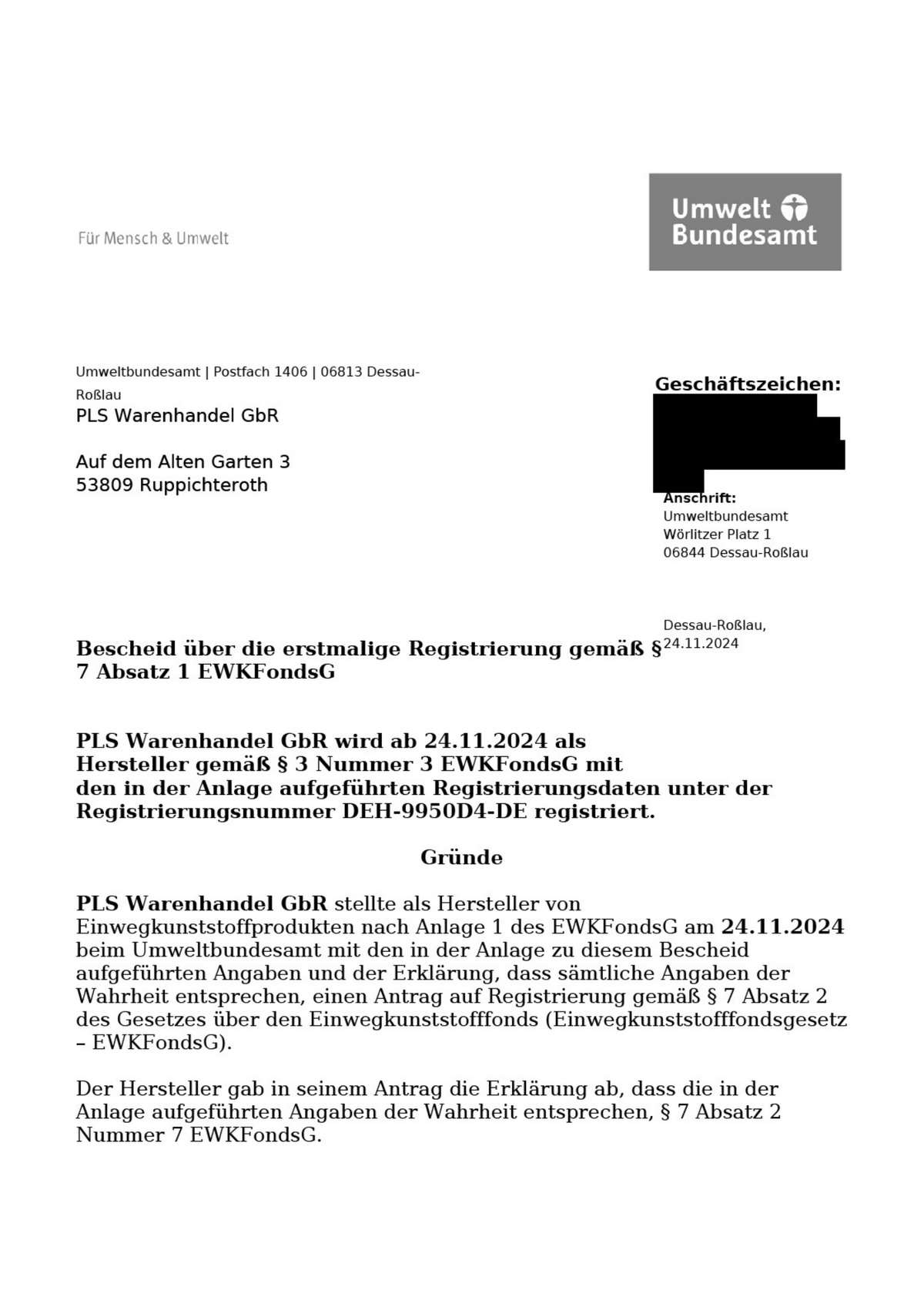 Zertifikat über die Registrierung DIVID Portal